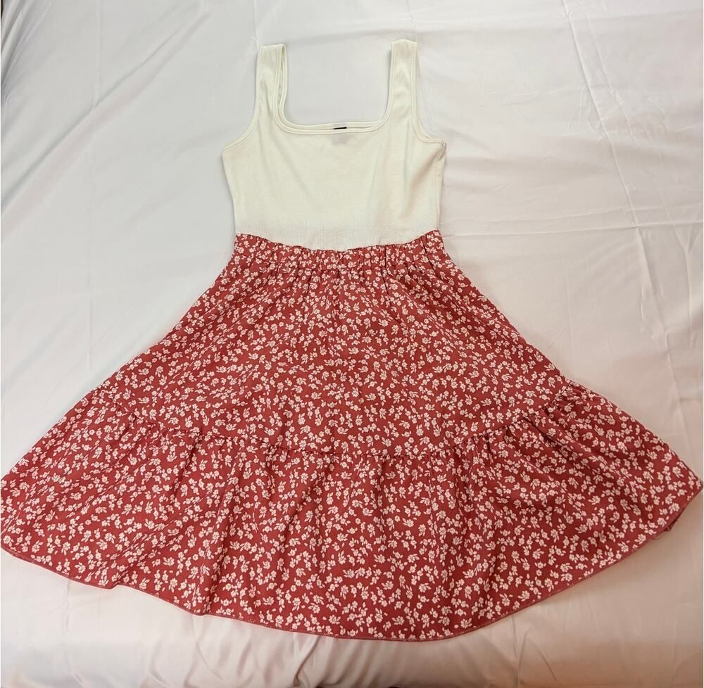 SHEIN Rust Ditsy Floral Tiered Mini Dress Ribbed Tank Top XS Cottagecore